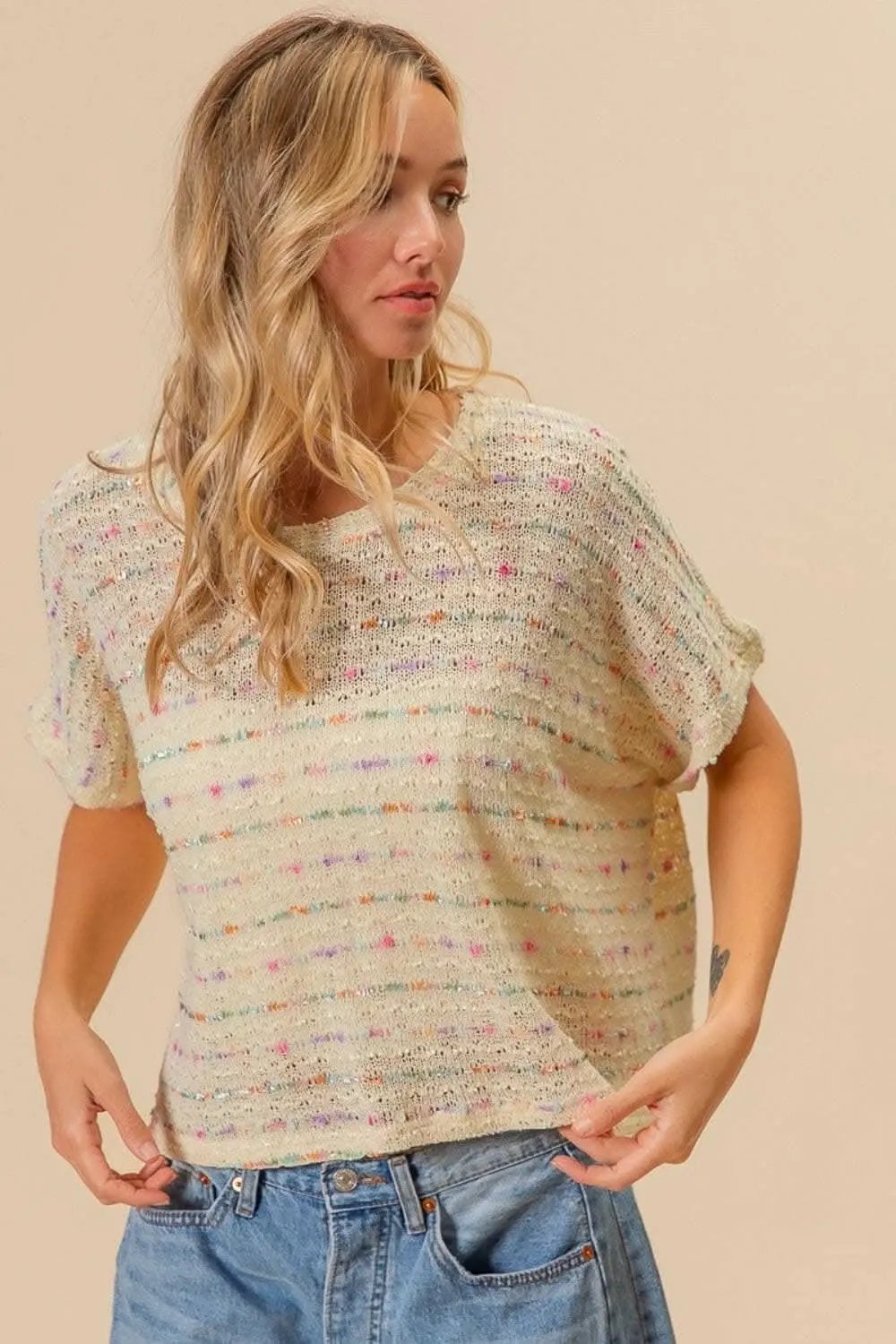 BiBi Striped Popcorn Knit Top - Love Salve